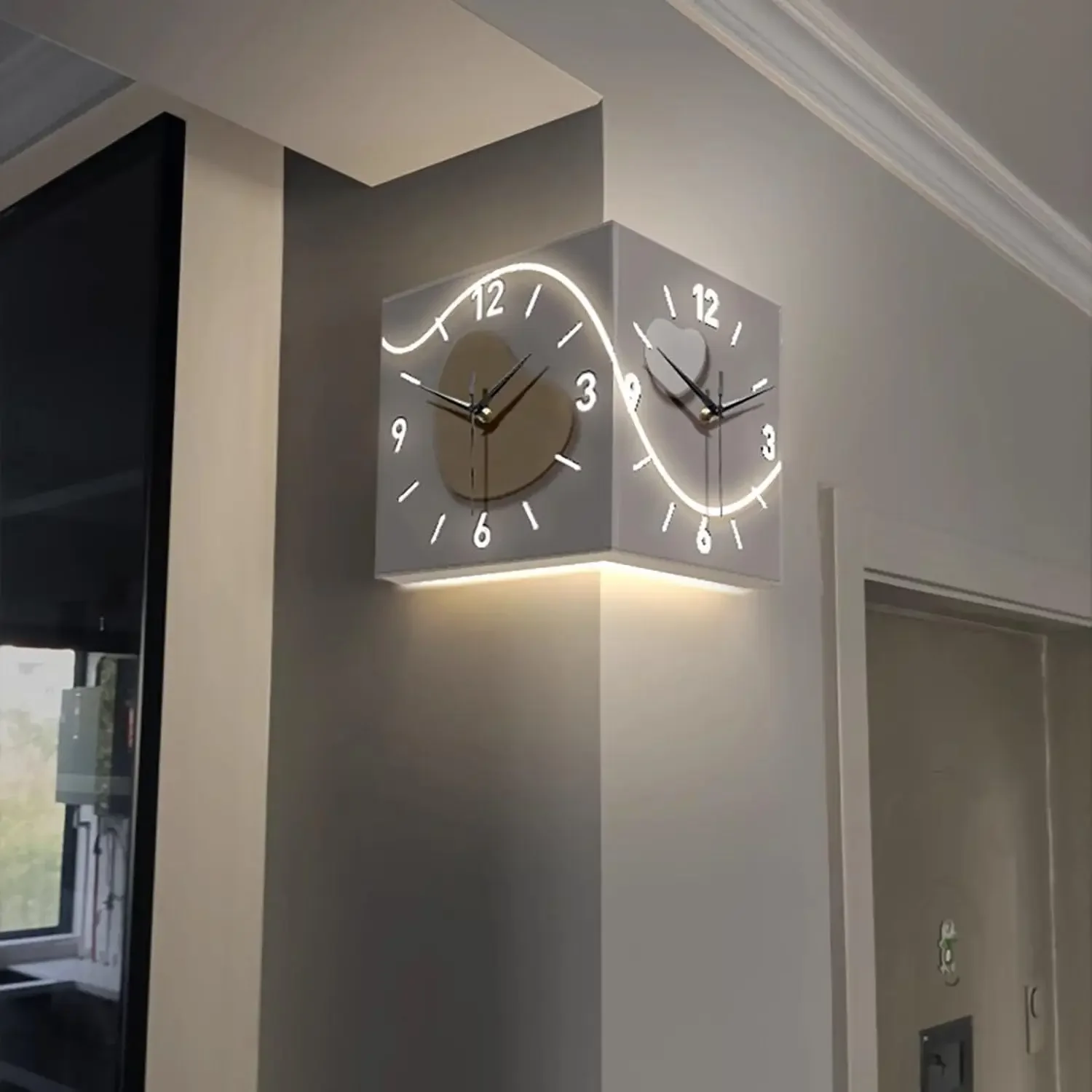 Induction Remote Control Lighting Corner Wall Clock Double-Sided Corner Wall Clock with Digital Scale Decoration for Living Room