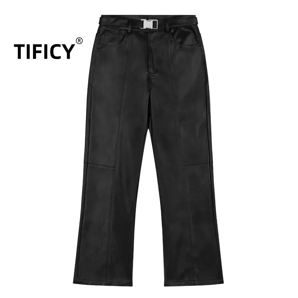 High Street Pants Men's Punk Split Line Straight Tube Dark Street Dance Performance Wide Leg Pu Leather Slim Pants