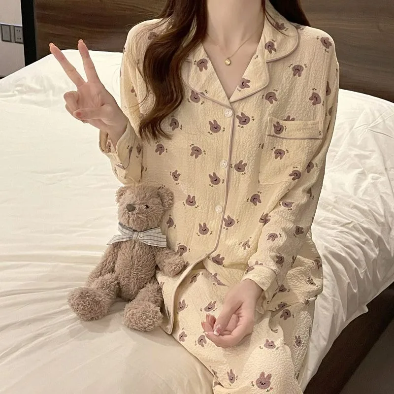 

Spring Women Sleepwear Bubble Cotton Long-Sleeved Trousers Sweet Pajamas Set Female Loose Casual Cardigan Homewear Suit 2024