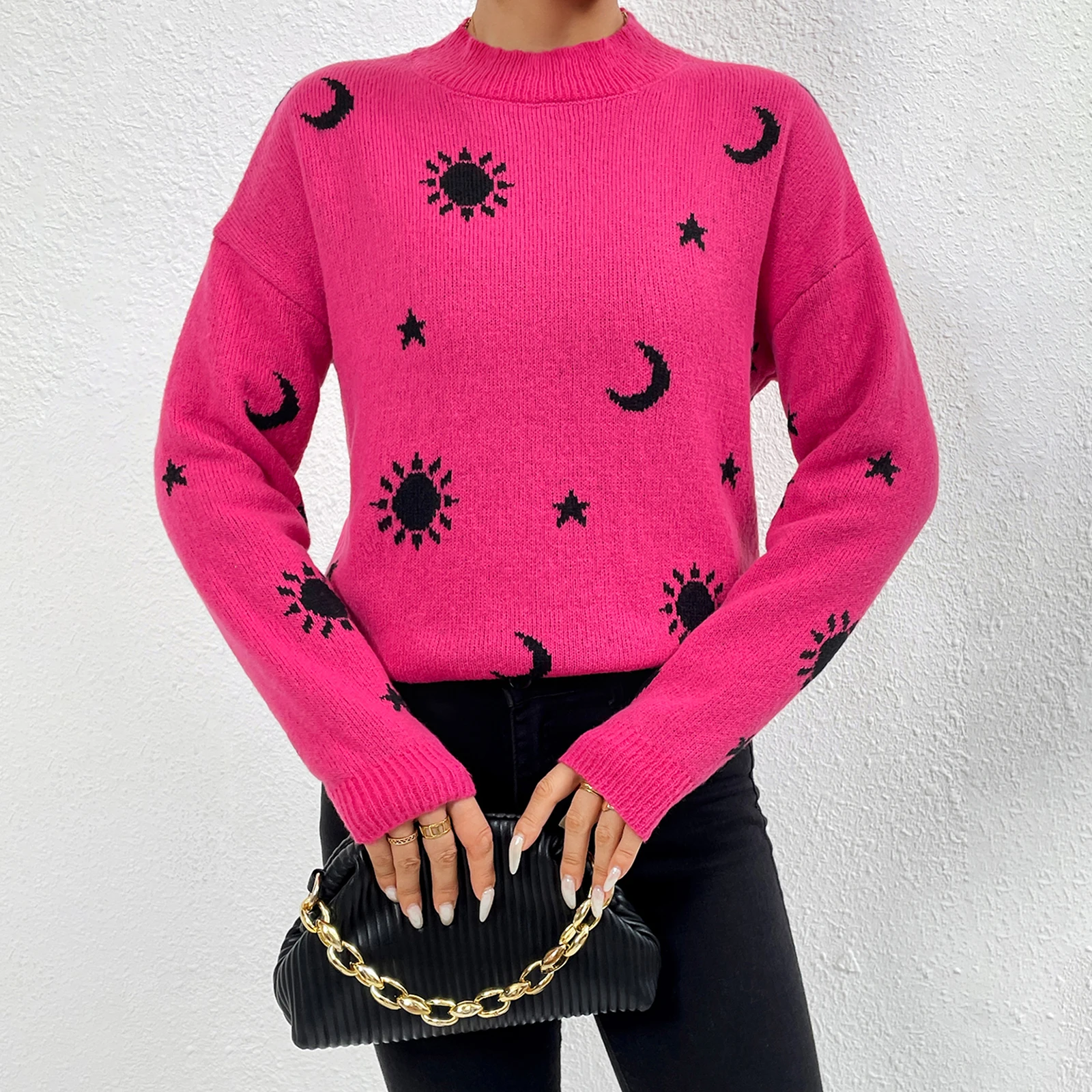 เสื้อถักไหมพรมพื้นฐานสำหรับฤดูใบไม้ร่วง สไตล์สตรีทแวร์ ผู้หญิง น่ารัก สวมใส่สบาย เสื้อสเวตเตอร์ลำลอง ลายแจ็คการ์ดพระอาทิตย์และพระจันทร์ เสื้อไหมพรมอุ่นๆ