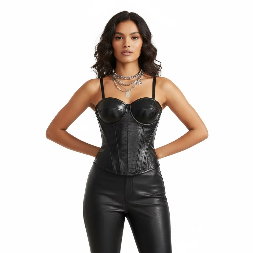 Women Faux Croc Leather Corset Top Adjustable Spaghetti Straps Bustier Shapewear Slim Waist Body Shaper Night Club Party Crop C
