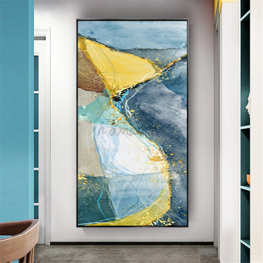 Nordic Abstract Geometric Contour Map Wall Art Canvas Gold Blue Oil Painting for Living Room Home Decor Porch