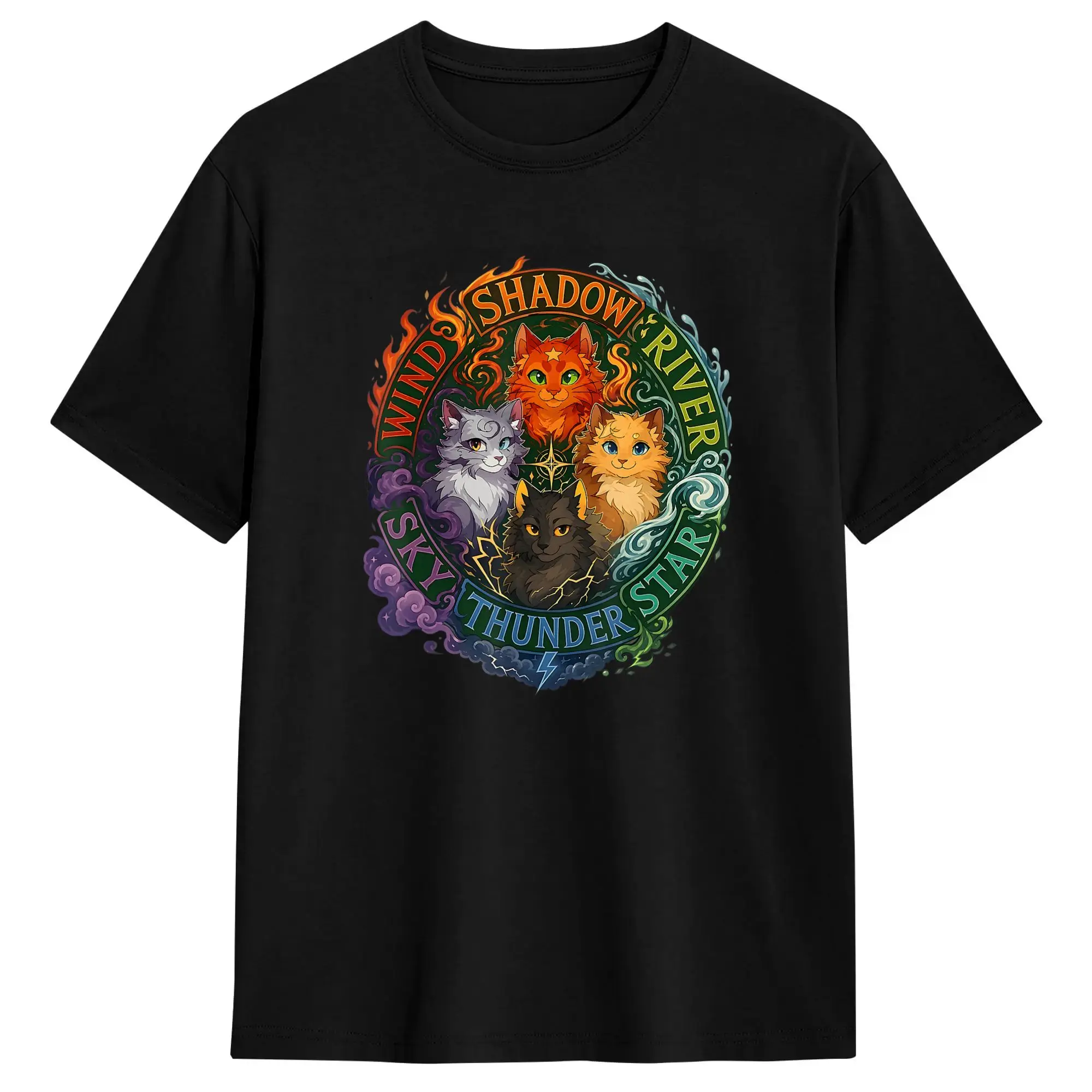 Wind Shadow River Star Thunder Sky Cat Feline Popular T Shirts  100 Cotton Tee Shirt for Men Y2K Classic Short Sleeve Top Tees