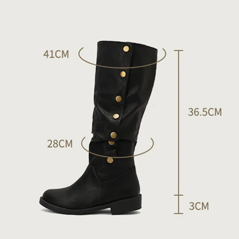 

ORCHA LISA Women's Knee High Boots 3cm Heel Button Up Folded Design Faux Leather Big Size 46 48 Party Motorcycle Riding Style