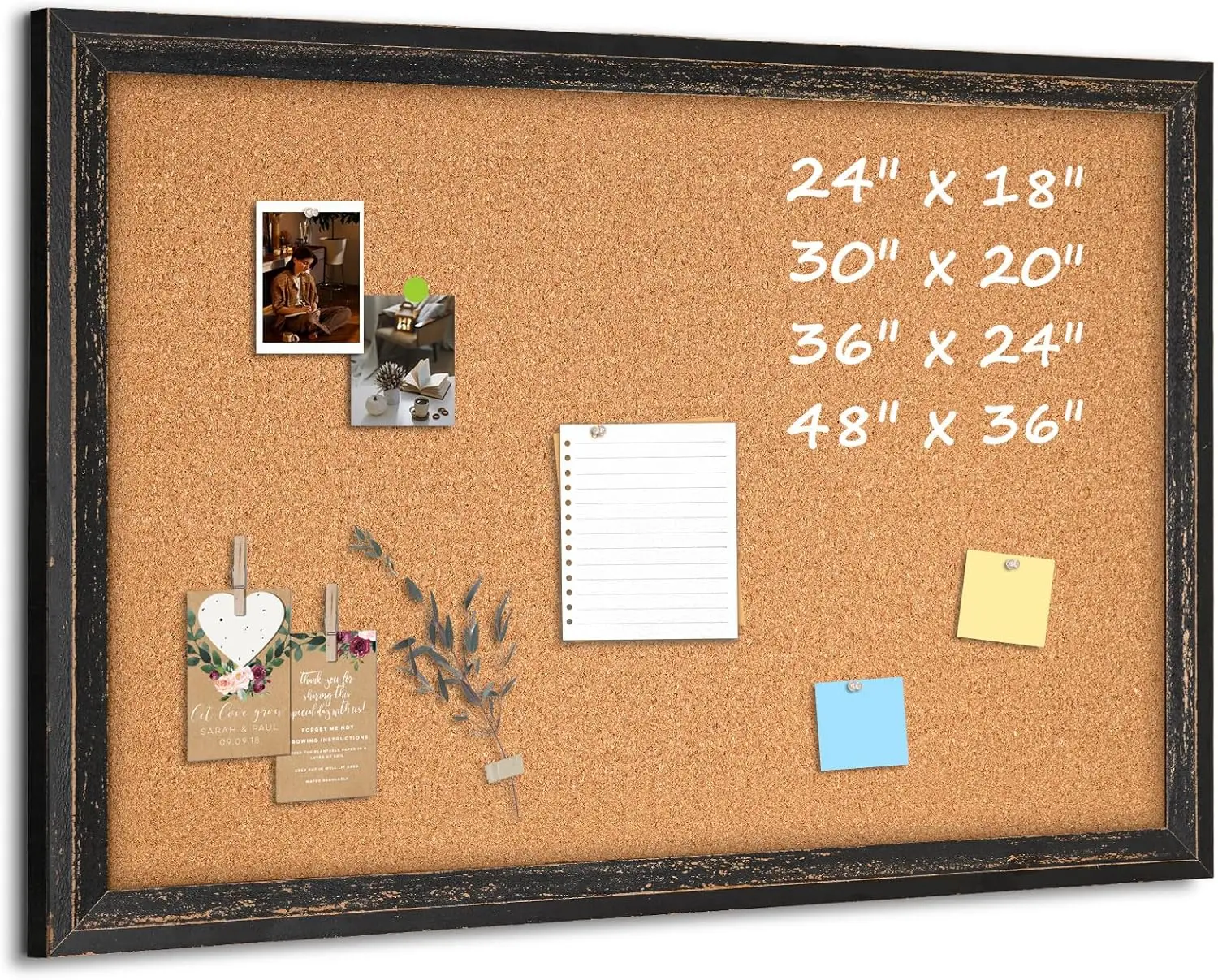 

36" x 24" Cork Bulletin Board with Rustic Black Frame, Large Pin Board for Home Office Dorm Classroom, Includes 10 Push Pins