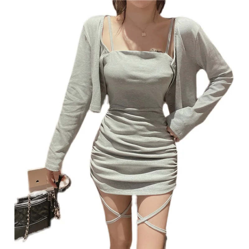 Vestido Corto con Cintura Ajustable con Cordón para Mujer, Estilo Coreano, Cintura Alta, Falda en Línea A, Manga Larga, para ...