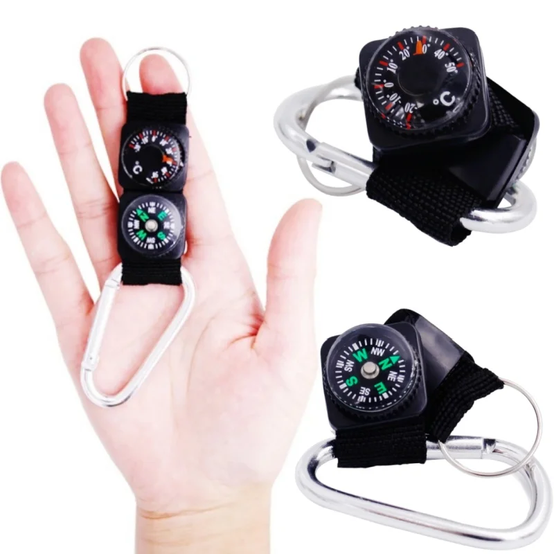 3 في 1 أدوات خارجية متعددة الوظائف بوصلة ميزان الحرارة حلقة تسلق معدنية مشبك أدوات عملية للمشي في الهواء الطلق #1