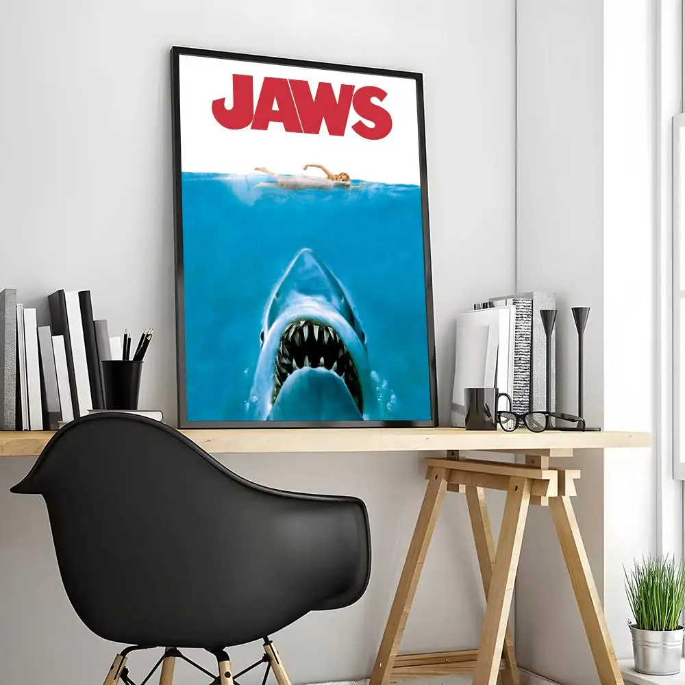 ملصق كلاسيكي رعب Moviej-Jawws مقاوم للماء من القماش ومقاوم للتجاعيد جدار الفن سهل التعليق ديكور المنزل لغرفة المعيشة وغرفة النوم #4