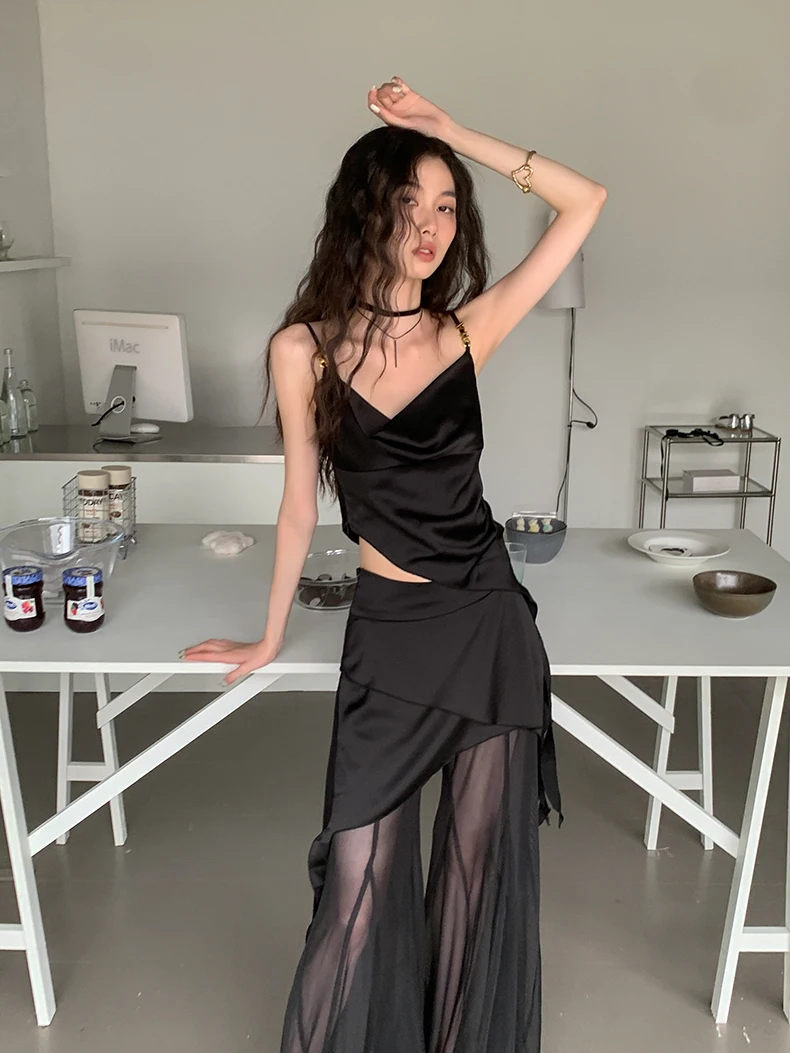 CHEERART Summer Black See Through Mesh Flare Pants Sets High Fashion Trousers Wide Leg Pants Women Streetwear Clothing