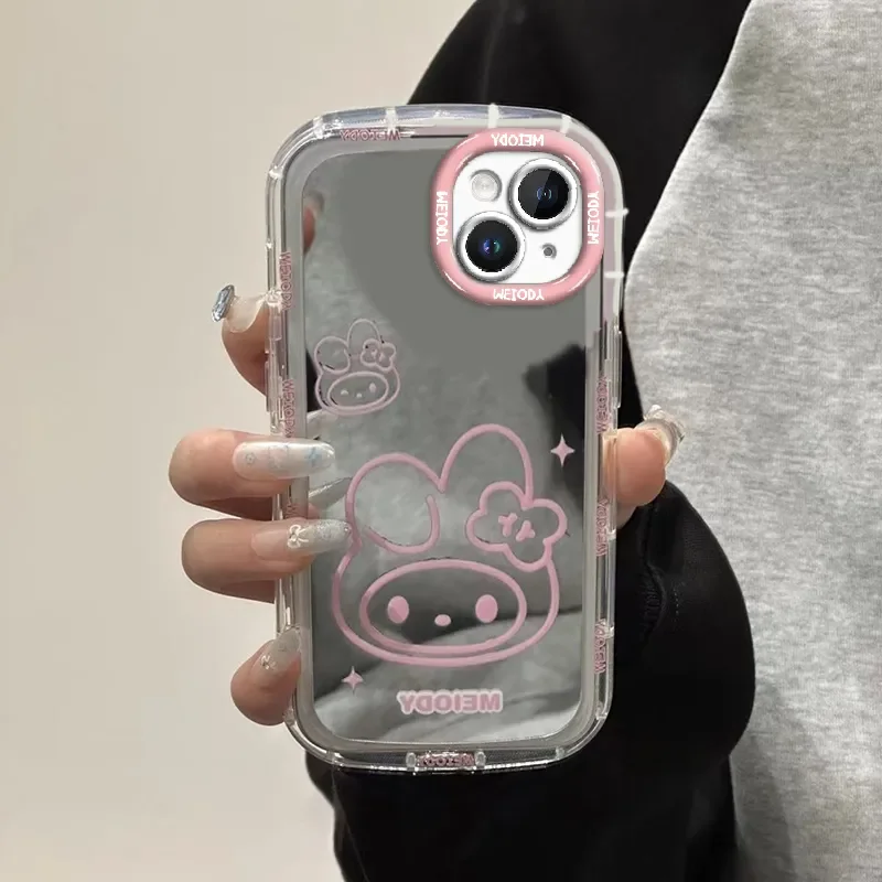 Pink Line Hello Kitty Melody Makeup Mirror Phone Case For iPhone 16 15 14 13 12 11 Pro Max XR XS MAX 7 8PLUS Y2K Girl Cute Cover