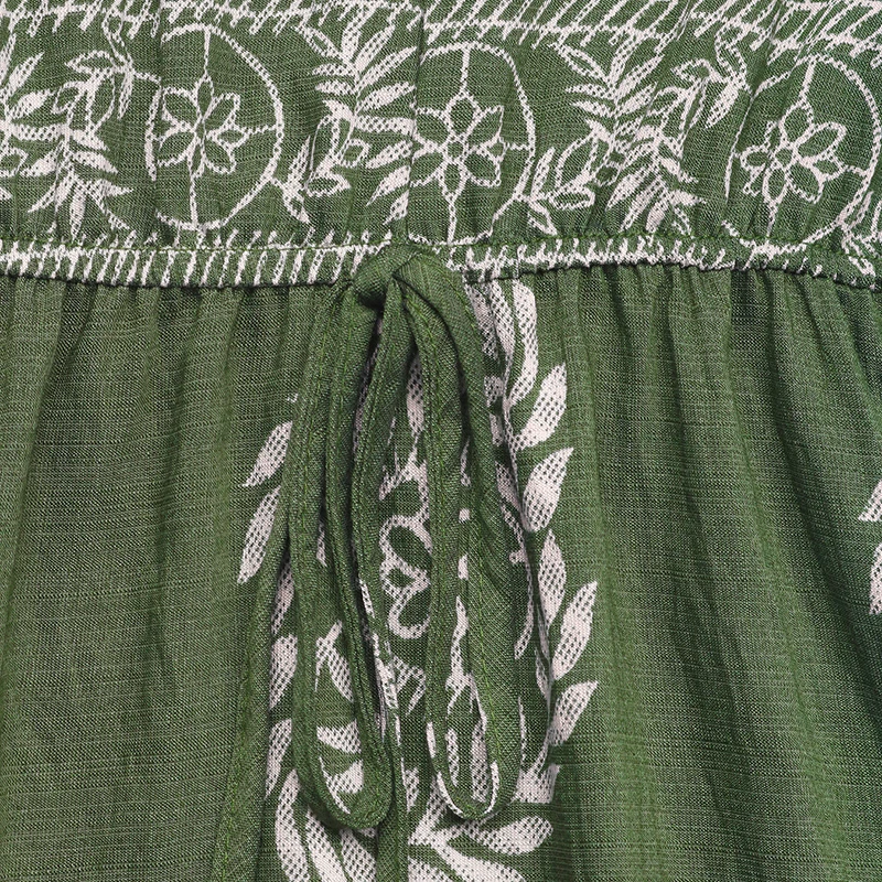 Damska Zielona Sukienka Maxi w Stylu Boho z Nadrukiem, Dekolt w Serek, Bez Rękawów, Wiązana w Talii, Warstwowa z Falbanami, Letnia, Wakacyjna, Codzienna, na Imprezę