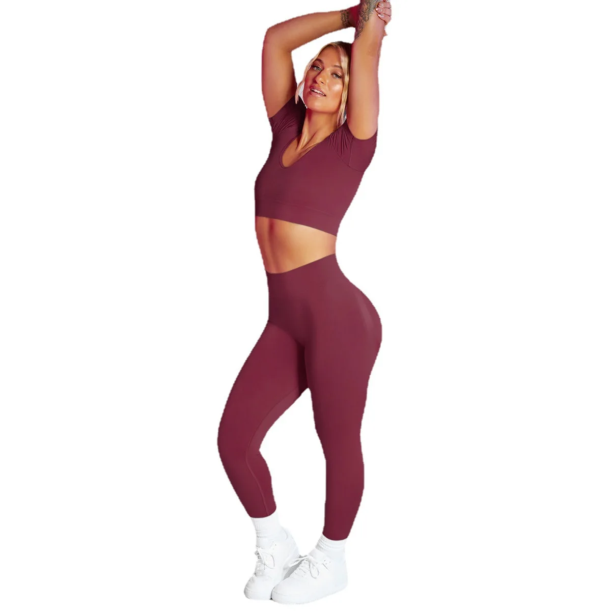 

New Seamless Solid Color Short Sleeve Trousers Sports Fitness Nylon Tight Gym Women Yoga Set Pilates Clothes