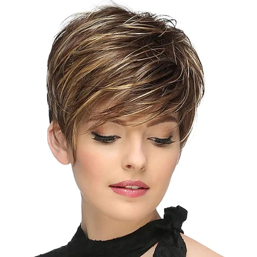 Short Brown Mixed Blonde Wig for Women - Natural Looking Synthetic Hair Wig for Daily Wear Heat-Resistant Full Wig