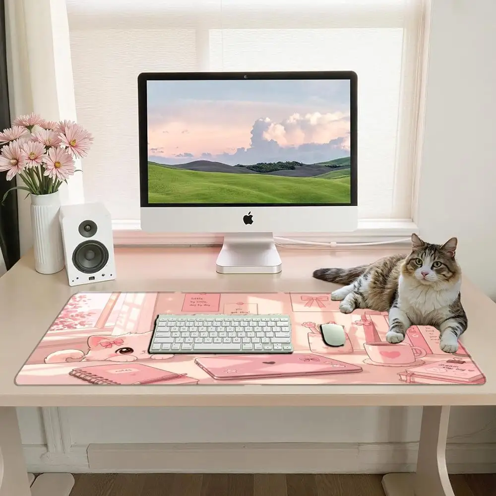 Large Gaming Mousepad Kawaii Pink Cute Cat Pastel Desk Scene Desk Mat Waterproof Non-slip Rubber Base Office Decor Gift