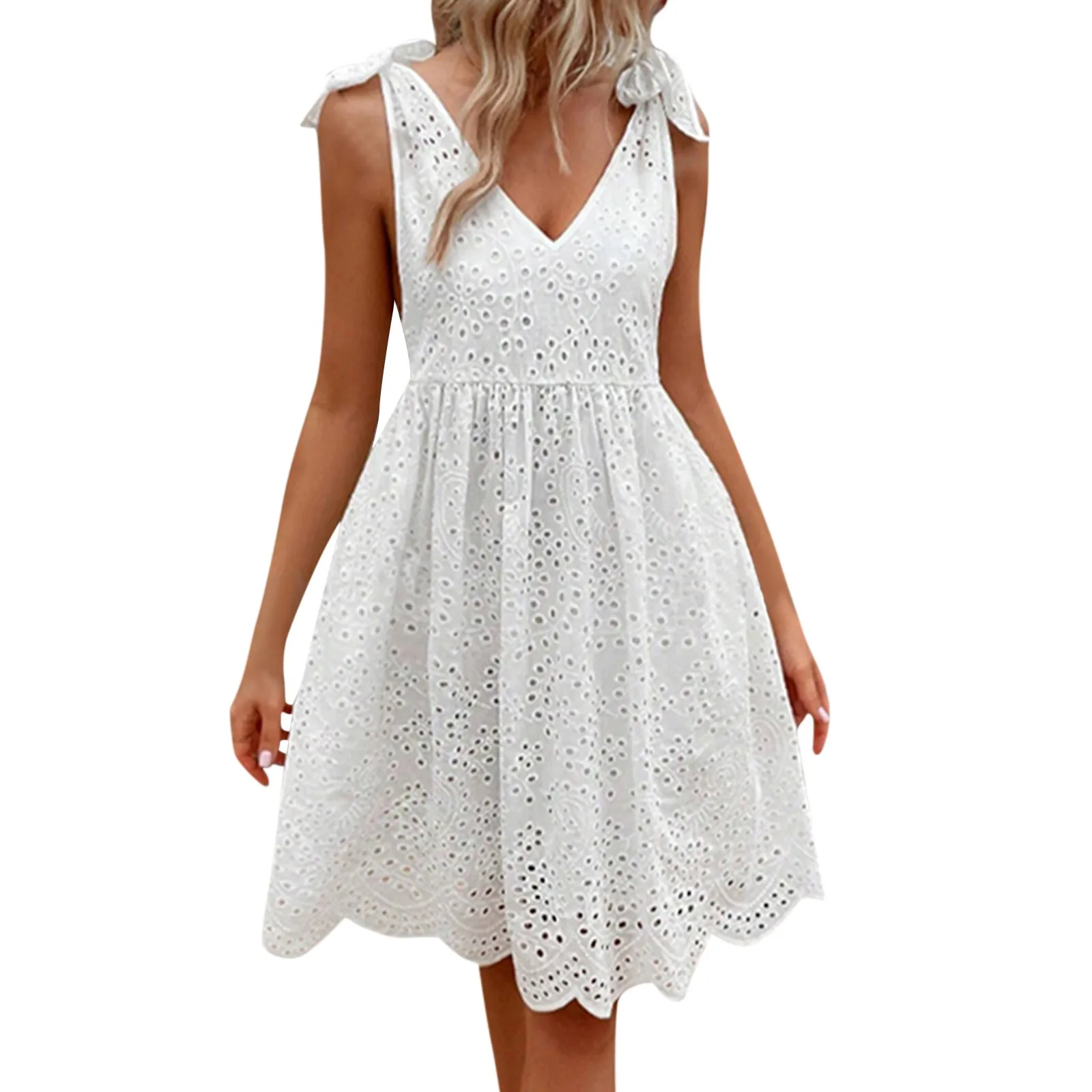 

Solid Sweet Lace Dress Women Summer Vacation Strapless Vestido Mujer Hollow Out Party Sexy Dresses V Neck Sleeveless Dress