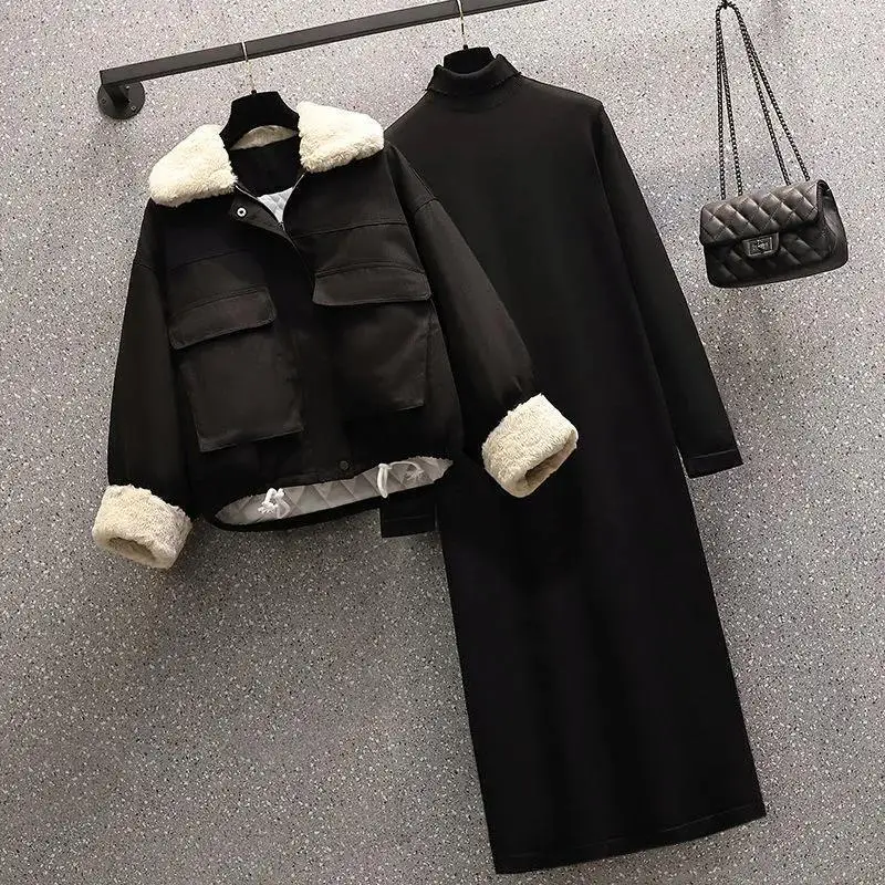 2022 Winter New Lamb Lapel Plush Thickened Jacket Knitted Sweater Dress Two Piece Elegant Women Party Dress Set Fashion Clothing