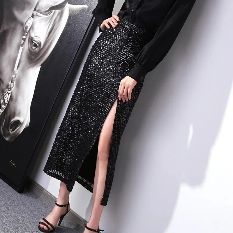 Women Glitter Sequins Long Skirts Black Spring Summer Elastic Temperament Simple High Waist Sexy Slit Hip Female Ladies Clothing