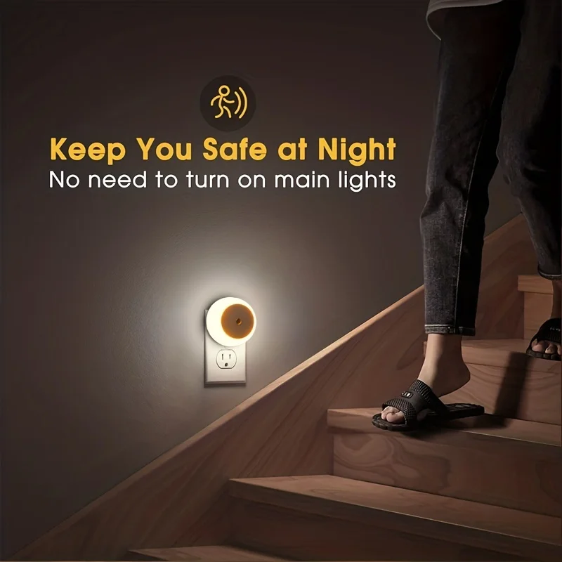 1pc Plug-in LED Night Light Dusk To Dawn Sensor Smart Wall Night Light For Bathroom Bedroom Home Kitchen Hallway Round Lamp