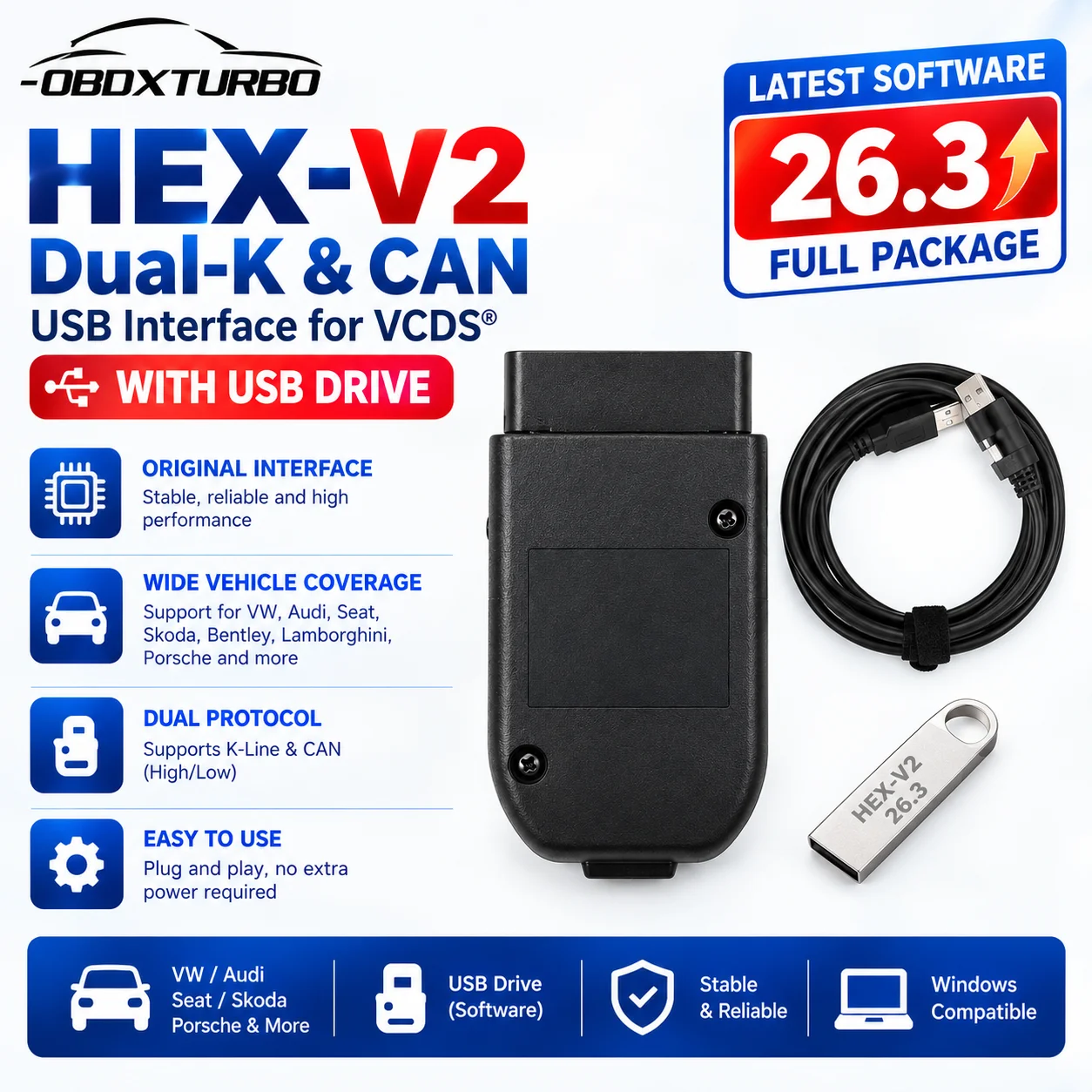 2026 VCDS VAGCOM HEX V2 26.3 OBD2 Diagnosekabel USB-Stick mit Vorinstallierter Software für VW Audi Seat Skoda Mehrsprachig