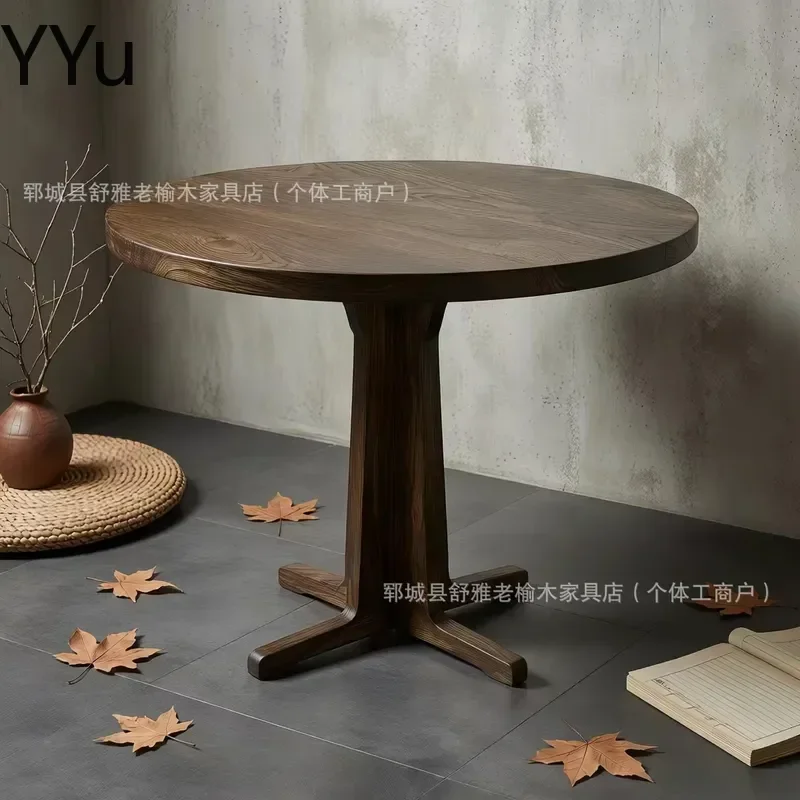 for Wabi Sansi Style Solid Wood Round Coffee Table Old Elm Dining Table for Small Apartment Hotel Restaurant Weathered Double