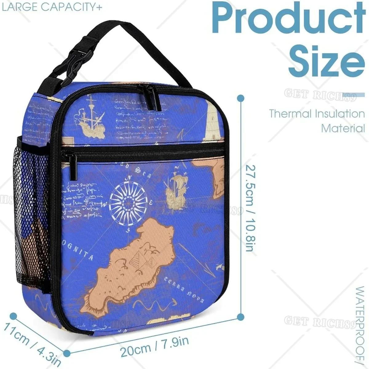 Vintage-nautical-map-style Lunch Bag Insulated Portable Lunch Box Tote Bags for Adults Men Women Travel Picnic Office Gifts