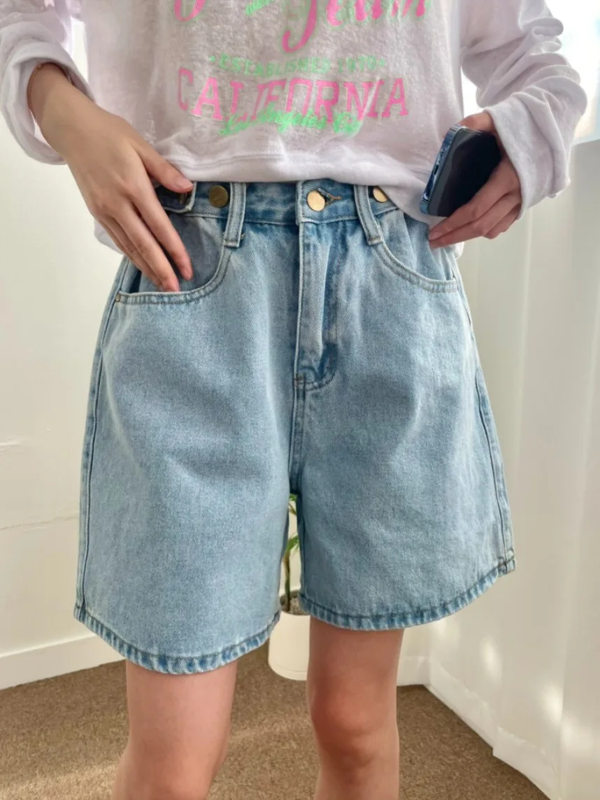 Summer Chic Vintage Slimming A-Line Wide Leg Hot Pants High Waist Adjustable Buckle Denim Shorts Women Blue High Waist Wide Leg