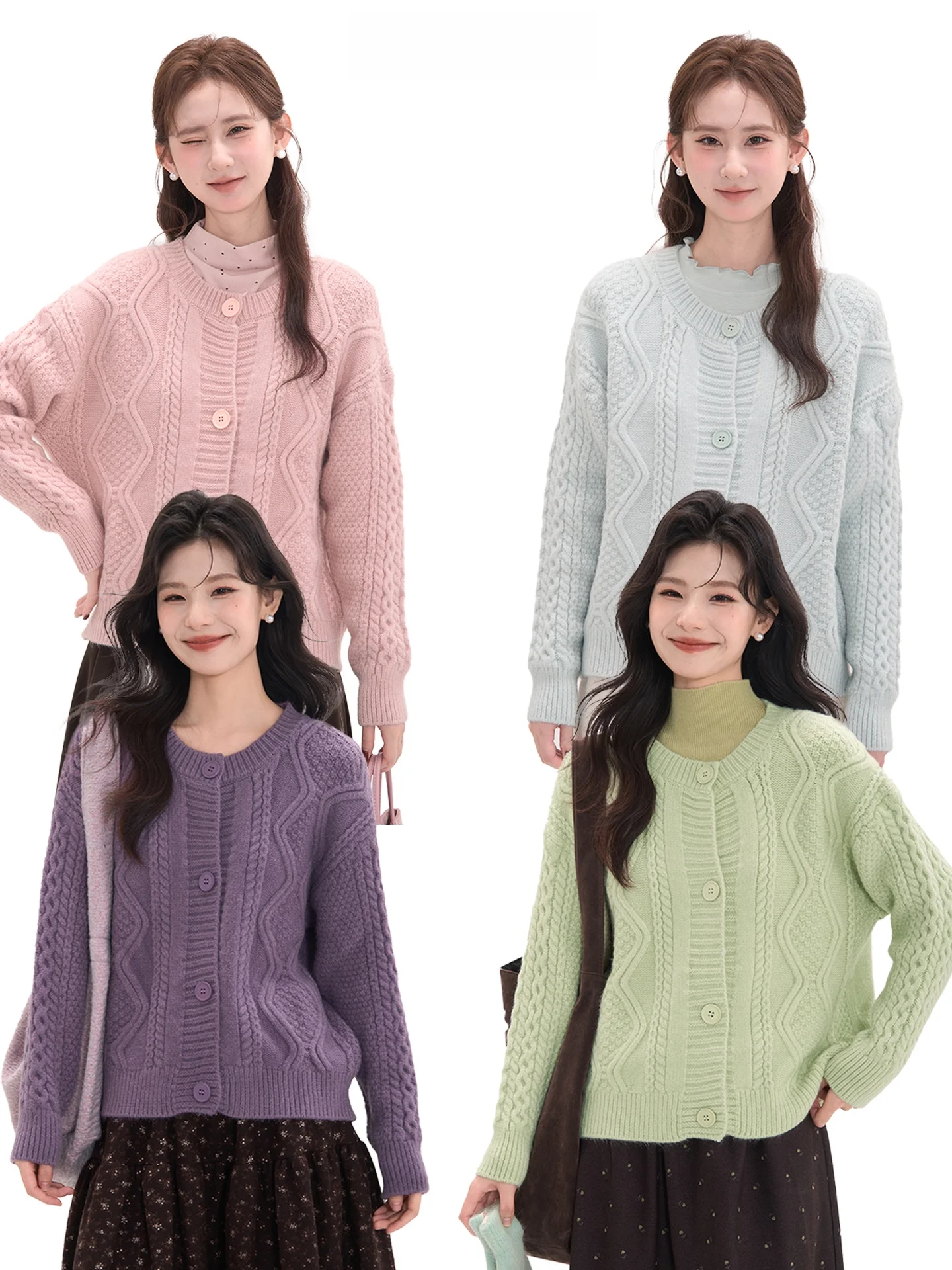 

Korean Sle Knitted Twist Sweater Women's Winter Versatile Open Cardigan round Ne Top Heme Flower Field Window Fake Heart ...