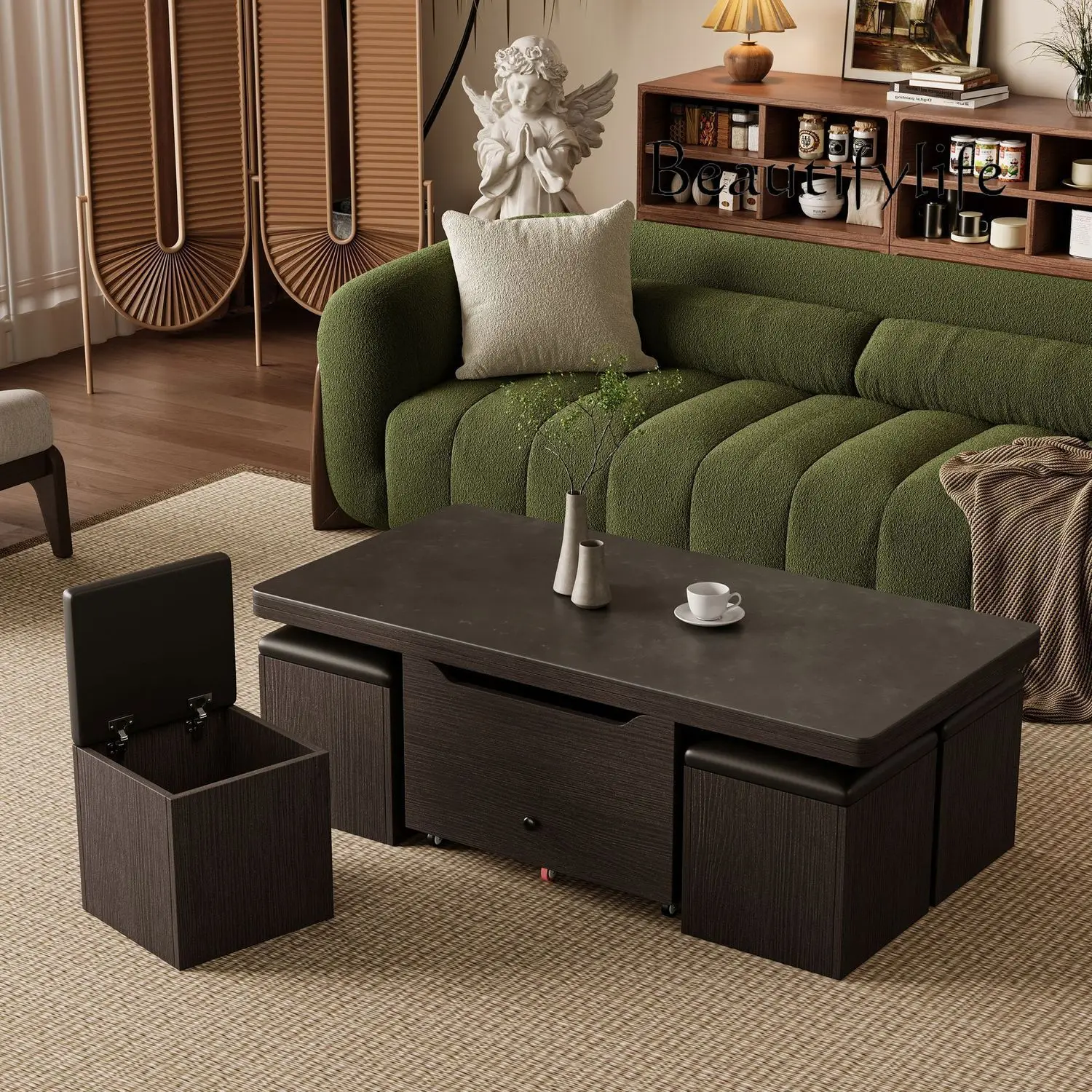 

French medieval solid wood liftable coffee table living room dual-purpose multi-functional folding coffee table