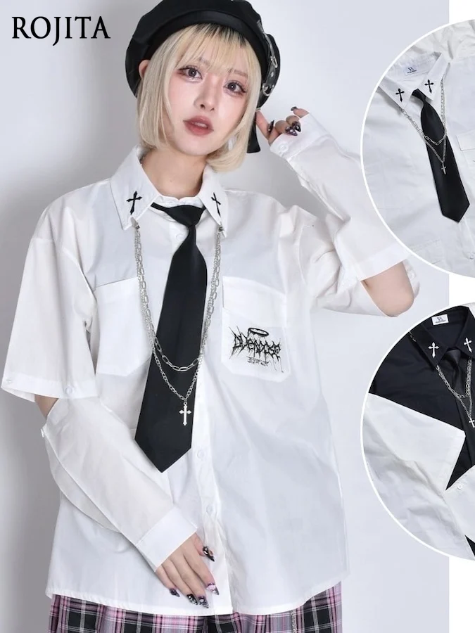 

Japanese Mine Embroidered Cross Print Loose Long Short Sleeve Two Wear Shirt Women's Subculture Shirt with Chain