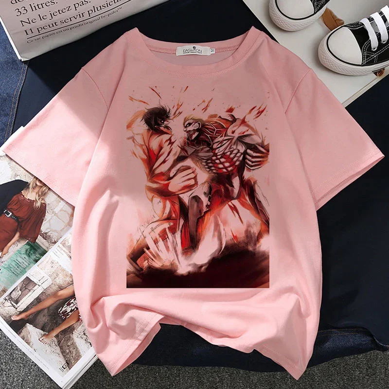 Camiseta con estampado gráfico de ataque a los Titanes para mujer, remeras rosas de estética Harajuku, camiseta de Anime Y2k para mujer 2021