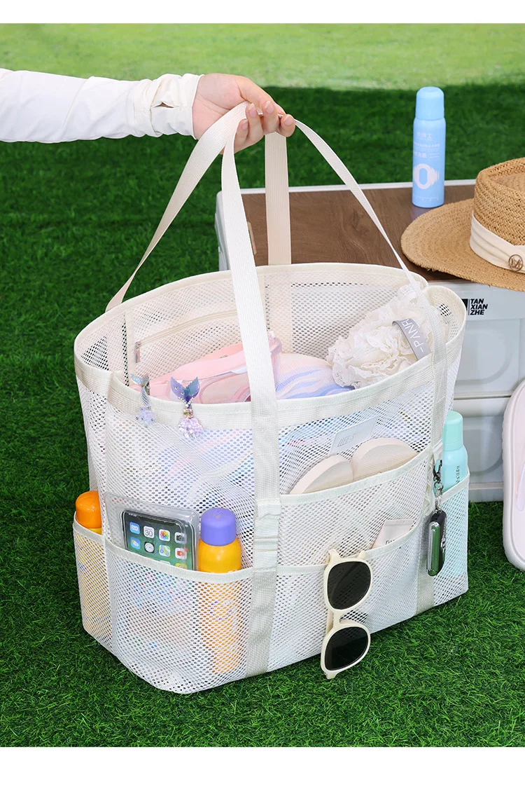 Atmungsaktive Mesh-Strandtasche mit mehreren Aufbewahrungstaschen, übergroße, schnell trocknende, wasserdichte Schultertasche für Sommersport im Freien – Detail 13