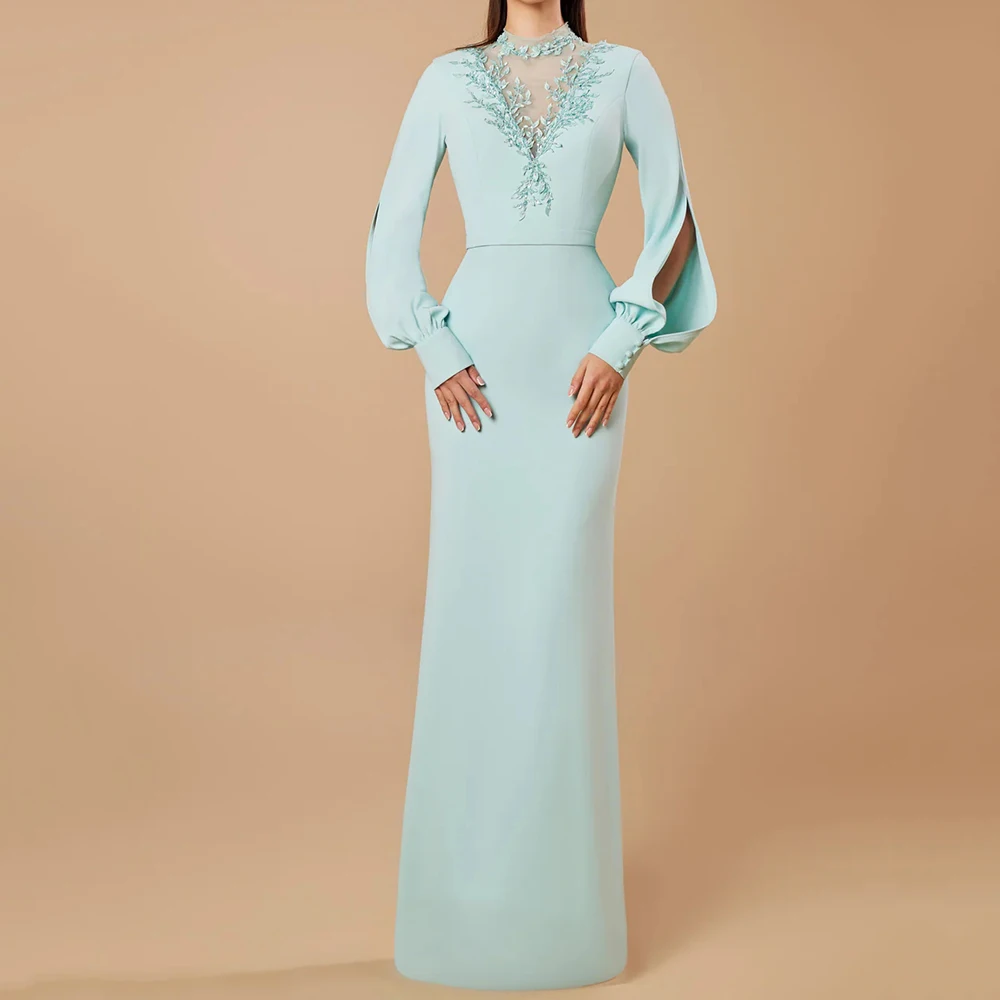 

Women's Mint High-Neck Evening Dress Lace Embellished Long Puff Sleeve Slit Mermaid Formal Gown for Prom Gala Wedding Guest