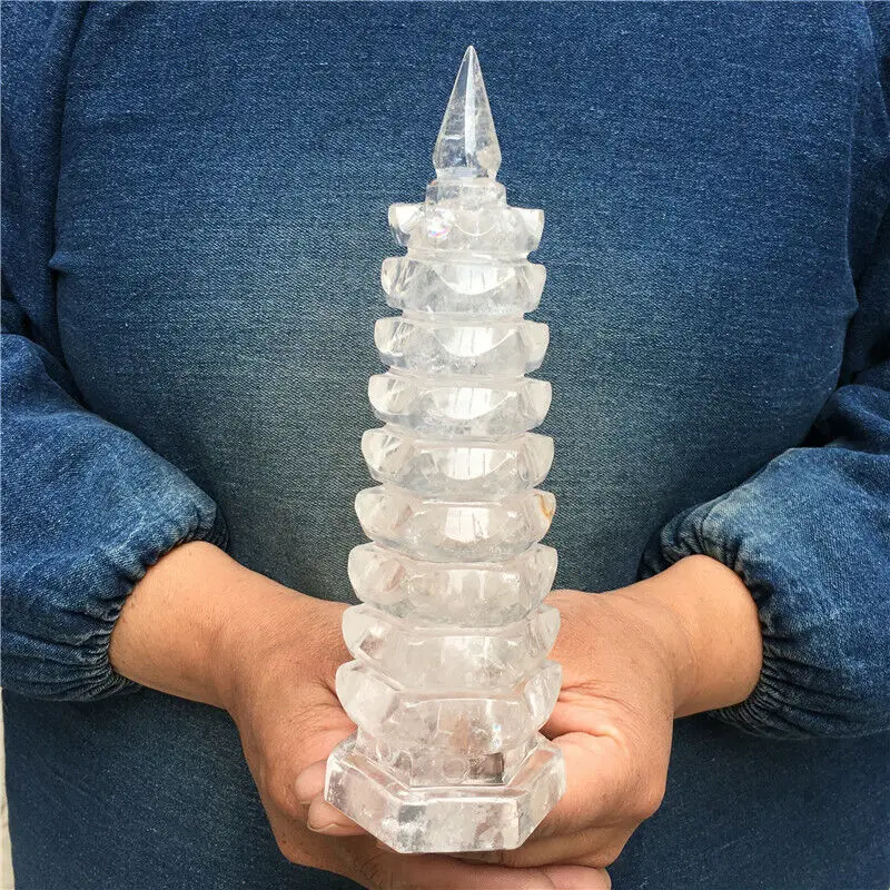 

Natural White Crystal Hand-Carved Wenchang Tower Ore Energy Home Office Decoration Craft Gifts Mineral Reiki Healing Wealth