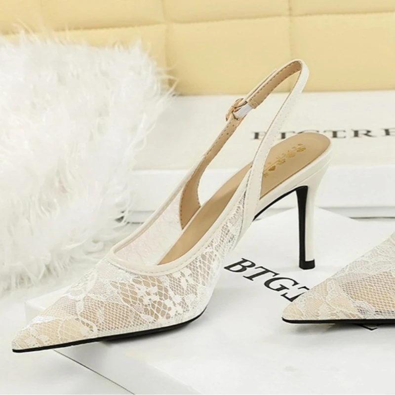 BIGTREE Elegant Hollow out Lace Mesh High Heels with Buckle Fine Heel Pointed Toe Women Party Versatile High Heel Single Shoes