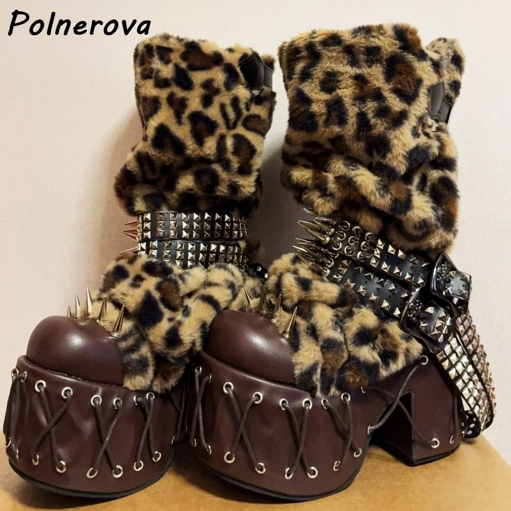 

Rivet Belt Leopard Fur Boots Round Toe Platform Chunky Heels Cross Tied Sexy Fashion Ankle Boots Winter Warm Dark Punk Shoes