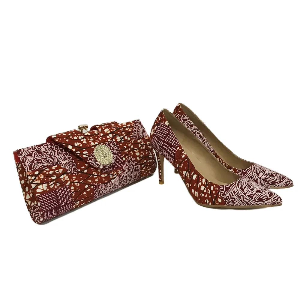 Newest African Nigerian Wax Prints Fabric Rhinestone Buckle Women Bag With Matching High Heels Laty Shoes 36-43 Hot Selling