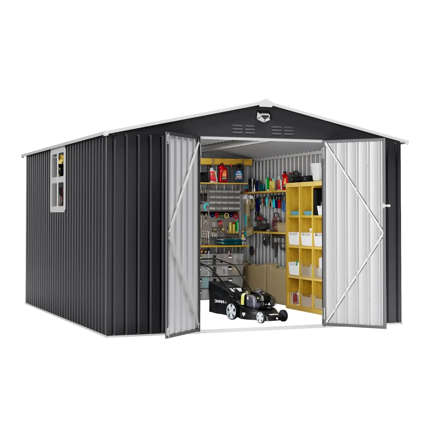 

Сарай для хранения на открытом воздухе 10x12 футов, металлический садовый сарай - навесы для хранения инструментов с запираемыми дверцами и 1 прозрачным окном, по индивидуальному заказу