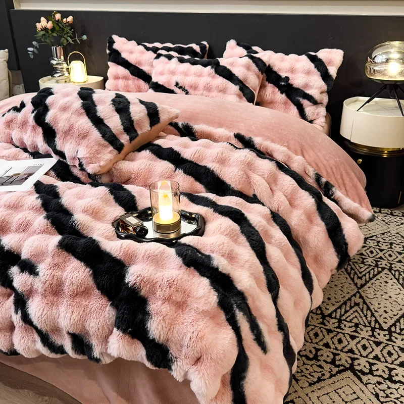 Stripes Floral Thickened Rabbit Plush Bedding Set Milk Velvet Winter Warm Beddings Smooth Lint Resistant Quilt Cover Bed Sheet