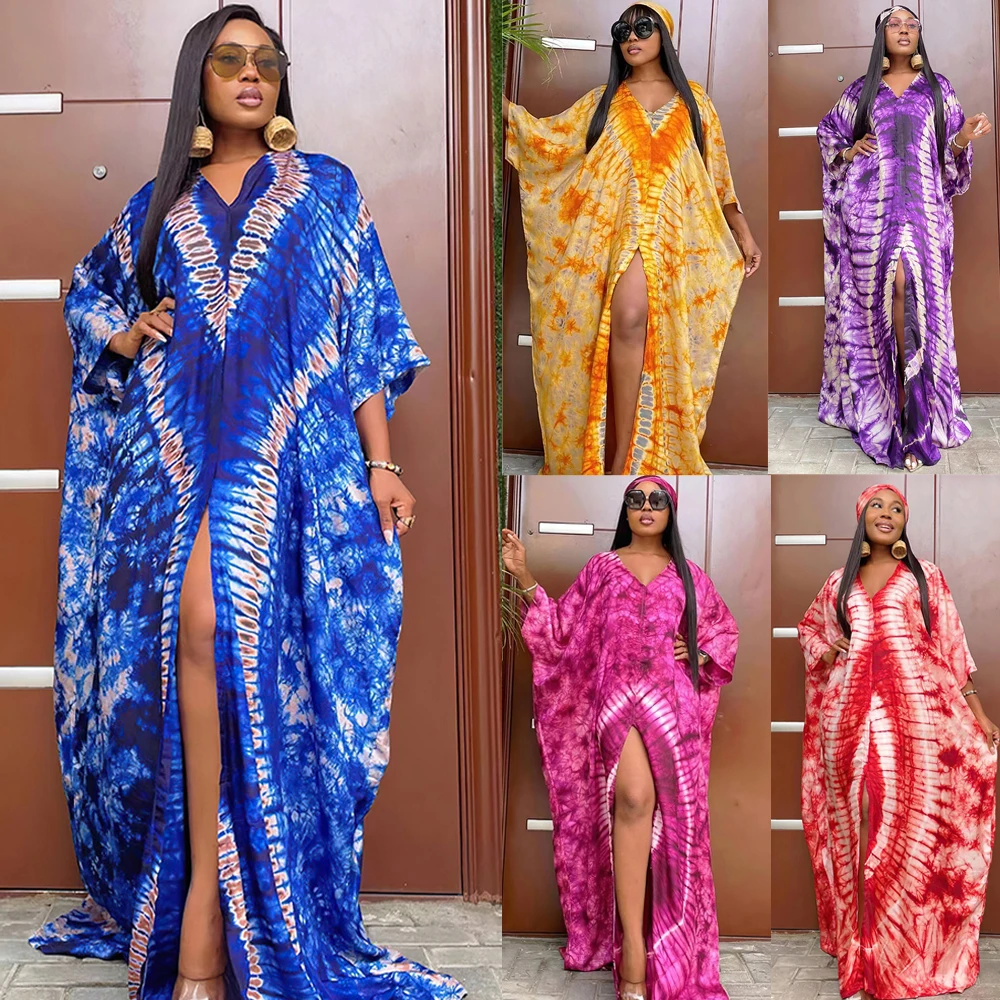 

African Dresses for Women Muslim Print Boubou Dashiki Traditional Africa Clothes Ankara Evening Gown with Headtie Kaftan Abaya