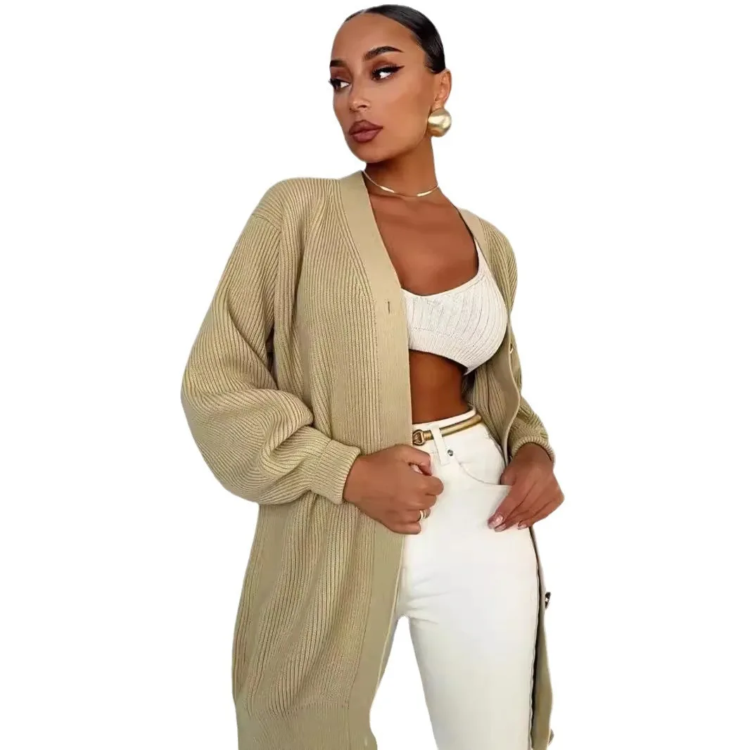 여성용 단색 편안한 레저 스타일 봄 가을 시즌 루즈 캐주얼 브이넥 중간 길이 니트 스웨터 코트