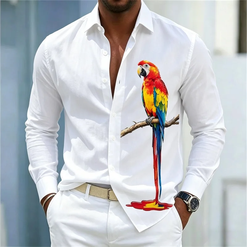 Hawaiian Men's Shirt Long Sleeve Creative Parrot Print Lapel Button Up Street Casual Business Top Mens Clothing