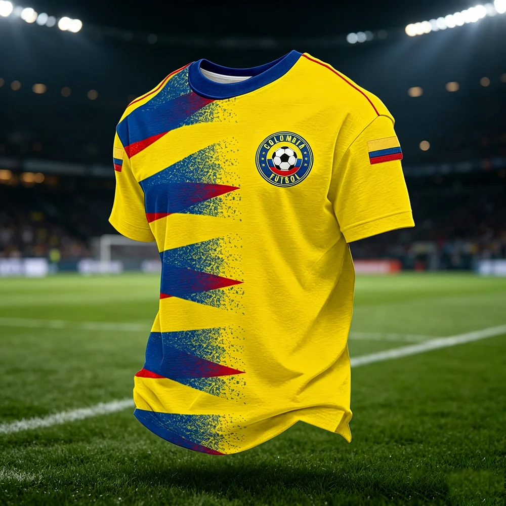 Maillot de football de la Colombie jaune, imprimé 3D, vêtement créatif à séchage rapide, haut de sport à manches courtes pour les fans, t-shirts pour la famille et les enfants.