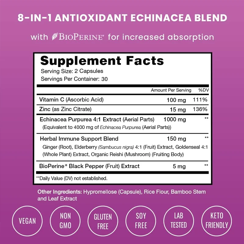 

Echinacea Extract Elderberry, Organic Ganoderma Lucidum, Ginger, Vitamin C, And Zinc Immune System Enhancing Capsules