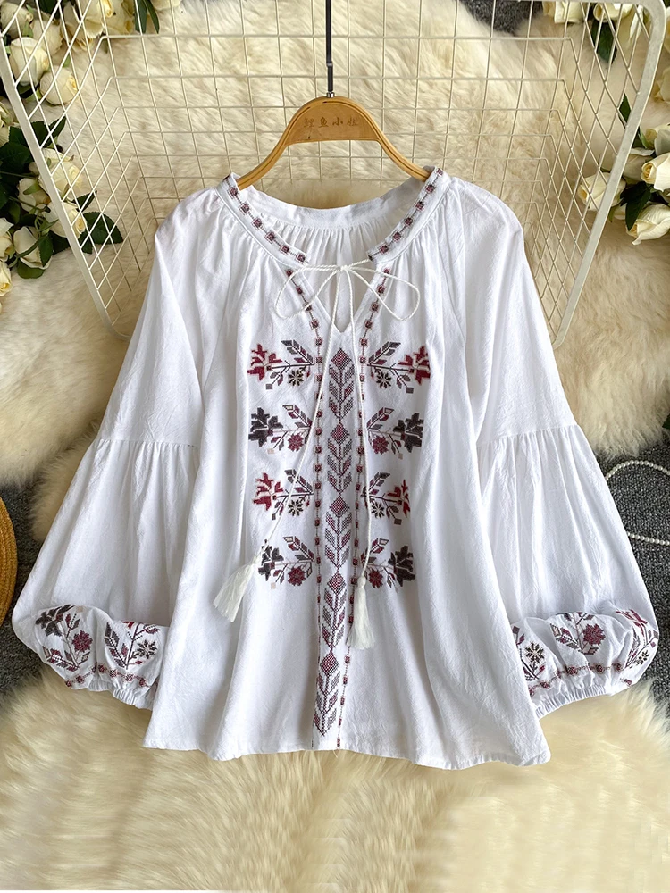 

Женская блузка в богемном стиле с вышивкой, длинными рукавами и бантом, V-образный вырез, новая весенняя модель, свободный пуловер, повседневный топ BL365