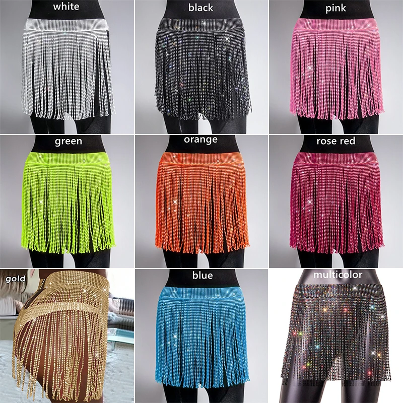 

Women Summer Glitter Tassel Body Chain Mini Skirt Rhinestone Tassel Waist Belly Chain Skirts Sexy Night Clubwear Rave Mini Skirt