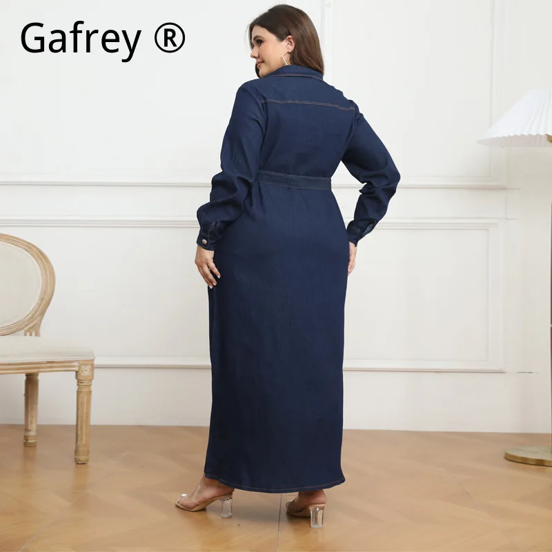 3XL 4XL 5XL Plus Size Women Denim Shirt Dress Lapel Collar Button Down Long Sleeve Winter Warm Casual Vintage Midi Dress Outfit - view 2
