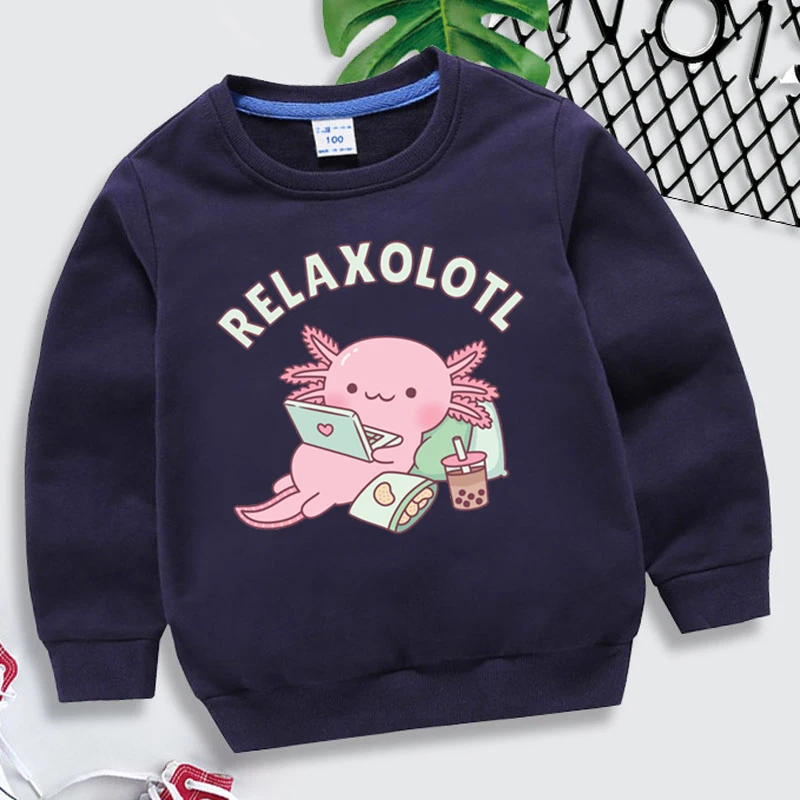 New Kids Axolotl Hoodie Cartoon Children\'s Clothing Hoodies Relaxolotl Axolotl Print Boys Girl Long Sleeve Pullover Sweatshirt