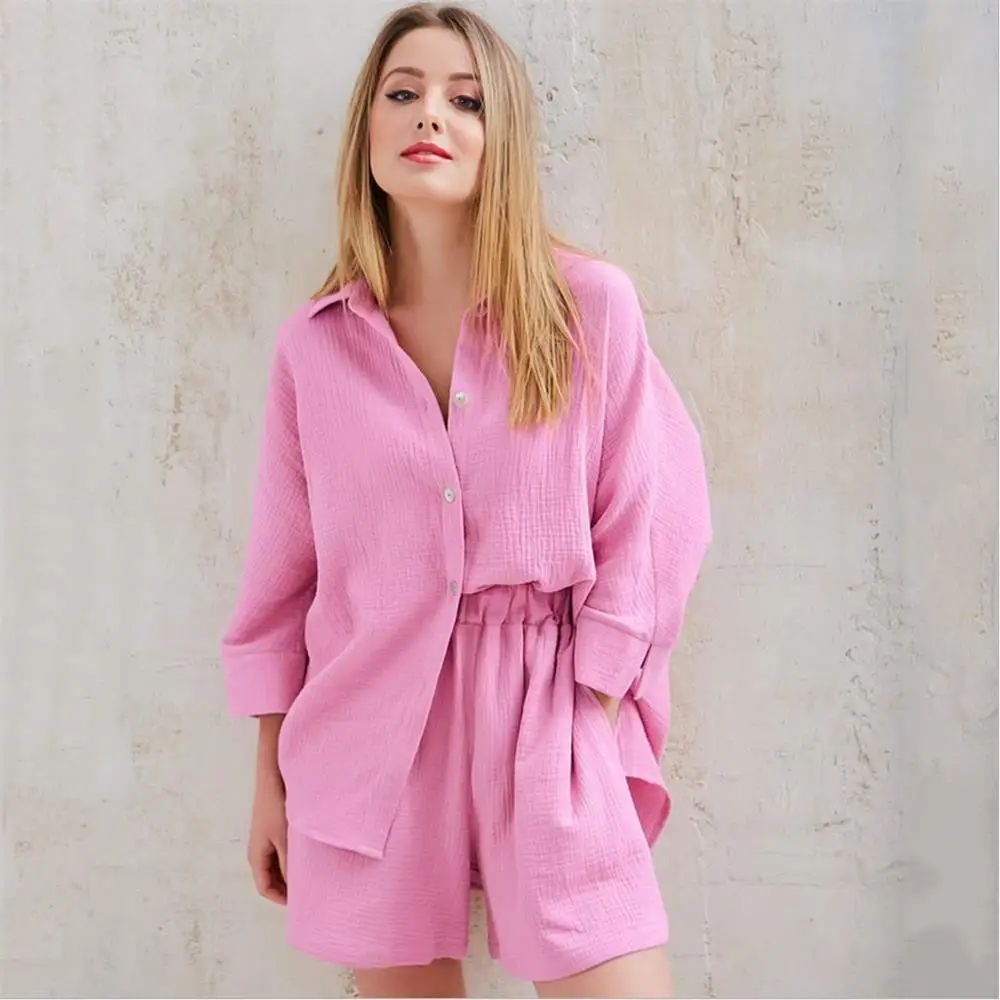 

Женский комплект из чистого хлопка Long Sve irt orts, повседневный топ с откидным воротником, модный летний наряд, хлопковый костюм