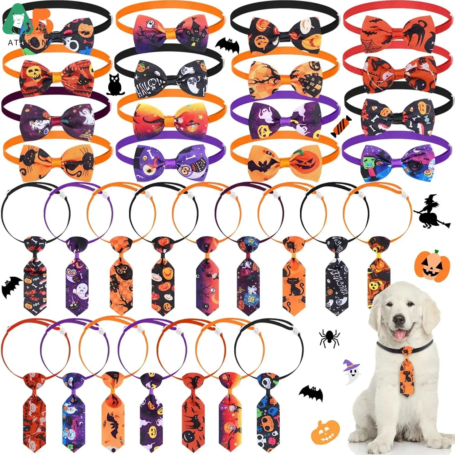 32 Pcs Halloween Dog Bow Ties for Dogs Halloween Dog Collars Adjustable Dog Bow Ties Neckties Pumpkin Ghost Pet Bowtie Collar