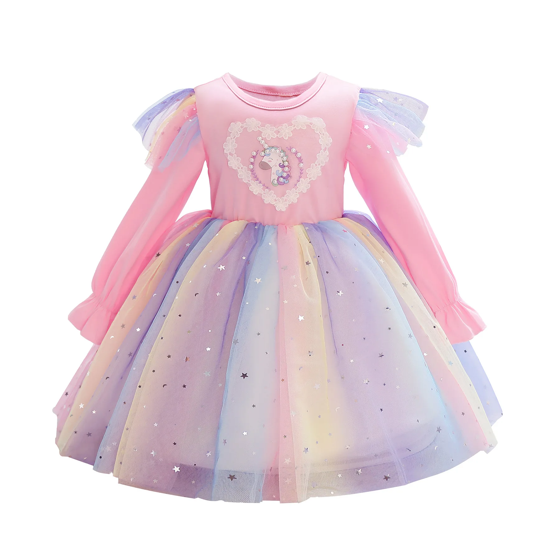 

Baby Pink Birthday Dress Kids Spring Autumn Long Sleeve Unicorn Princess Dress Casual Flying Sleeve A-Line Mesh Dresses For Girl